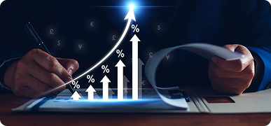 Growth chart with rising arrows and currency symbols